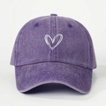 Vintage washed purple baseball cap with white heart embroidery and adjustable strap - One Size / Purple