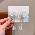 Pair of blue flower hair clips with pearl tassels and gold metal accents for girls - Blue Glass Flower Clips