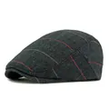 British style grey herringbone wool flat cap with subtle red and yellow plaid details - Adjustable / Navy Blue