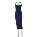 Detailed view of navy bodycon midi dress featuring ribbed knit texture and square neckline - S / Navy Blue