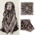 Navy blue paisley floral square silk scarf for women shown in multiple angles - FJ200-Paisley Navy