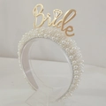 Golden Bride headband with white pearls and sparkling diamond motif on display - Gold Letters BRIDE (Series 3-4)
