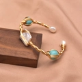 Handmade gold wire-wrapped bangle with turquoise beads and baroque pearls - Gold Turquoise Baroque Style