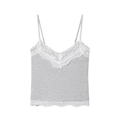 Gray knitted V-neck camisole with white lace trim and adjustable spaghetti straps - S / Light Gray