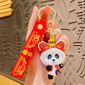 Cute panda keychain with lion dance design, red lucky strap and golden metal ring - Red Lion Dance Hat