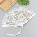 White lace folding fan with gold rose embroidery and matching white tassel accessory - Fan with Tassel / White