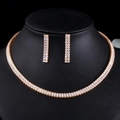 Elegant gold jewelry set with rectangular zircons on necklace and earrings displayed on a black bust - G0032 Gold 2-Piece Set