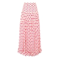 Detail van een gelaagde maxi-rok met roze stippen en een verfijnde ruche aan de zoom - Eén maat / Roze Polka Dot Rok