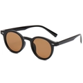 Retro black round sunglasses with amber lenses and silver wing-shaped metal studs - Glossy Black Frame Tea Lens