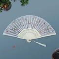 Japanese bamboo folding fan with pink plum blossoms and blue birds on grey fabric - White Ribs Style 54