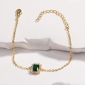Gold chain bracelet featuring emerald rectangular stone with white zircon accents on stone base - Green Zirconia