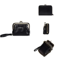 Black leather coin purse with accordion card slots and retro metal clasp closure - Black