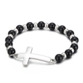 Pulsera de cuentas negras pulidas con cruz de metal plateado curvado para hombres y mujeres - Estilo Color Acero (KB154231-Z)
