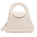 Minimalist white trapezoid handbag with large circular handle and detachable strap - White