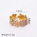 Adjustable gold stainless steel ring featuring colorful enamel floral pattern in blue and pink - Adjustable Open / Blue/Pink/Purple/Rose Red Flowers (NB-R2023245)