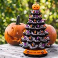 Albero di Halloween in ceramica nera con luci colorate e base Trick or Treat - Albero Luminoso di Halloween (Batteria a Bottone)