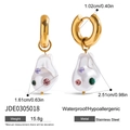 Gold stainless steel hoop earrings with white baroque pearl and colored crystals - Baroque Pearl Color Diamond Earrings (JDE0305018)