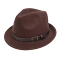 Men's dark brown felt wool jazz fedora hat with vintage leather belt buckle detail - M (56-58cm) / Coffee