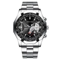 MREURIO men's quartz chronograph watch with silver steel strap and black tachymeter bezel - Silver Steel Black Dial