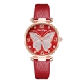 Detail of red leather watch strap and rose gold dial with glittery butterfly pattern - Red