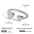 Silver stainless steel double heart open ring with dimension labels and waterproof features - Double Heart Open Style (JDR0211009-S) / Outer Diameter 1.71cm