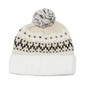 Close-up of Fair Isle knit beanie with a fluffy pompom and thick plush fold-over cuff - M (56-58cm) / White
