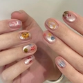 Handbemalte Kunstnägel mit süßem Bären-, Blumen- und Herzmuster in Champagner-Gold-Optik - Bemaltes Katzenauge (BY2431) / M