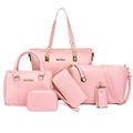 Pink 6-piece women handbag set including large tote, shoulder bag, and wallets - Pink