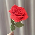Handmade knitted red rose yarn flower with green leaves for romantic gift - Xuewu Red