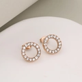 Elegant rose gold plated circular hoop earrings with sparkling crystal pavé set stones - Stud Earrings / Rose Gold + White