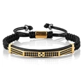 Men's black braided rope bracelet with gold metal accents and black pave stones - Gold