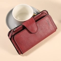 Deep red tri-fold long wallet for women with pebbled leather texture and buckle - Red (C158-1)