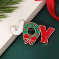 Cute Christmas JOY brooch pin with green wreath and red ribbon enamel design - Style 10