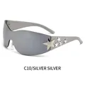 Futuristic Y2K silver star sunglasses with wrap-around shield lenses and star accents - Silver Frame Silver Mirror Lenses