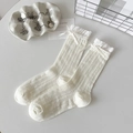 Off-white cotton crew socks with lace trim and bow accent for Mary Jane shoes - One Size / Milk White