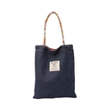 Retro denim tote bag with multicolored braided handles and red checkered lining for women - Large / Dark Blue