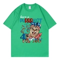 Bright green crew neck T-shirt with July 4th cat illustration on white background - Green