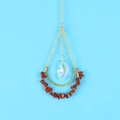 Detail of suncatcher pendant with gold chain, red stones and a crystal teardrop - Red Jasper/Metal/Crystal / Red Jasper