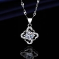 Silver plated necklace for women featuring a sparkling round cubic zirconia floral pendant - Xl-152 [with Four-leaf Clover Chain]