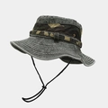 Detail of wide brim camo bucket hat featuring metallic eyelets and adjustable wind cord - One Size / Army Green