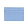 Close-up of light blue Saffiano leather card holder with three card slots and fine stitching - Light Blue Saffiano Pattern