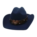 Navy blue western cowboy hat with rhinestone heart buckle on brown leather band - Navy Blue [Large Heart]
