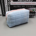 Blue checkered plush pencil case with pink zipper for students and office storage - Blue