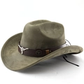 Classic olive green western cowboy hat with leather band and silver bull head ornament - M (56-58cm) / Army Green