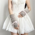 Japanese style grey knitted arm sleeves featuring sweet pink ribbon bow decorations - Grey Base Pink Bow