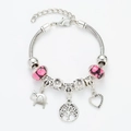 Bracciale a catena serpente argento con perle rosa a cuore e ciondoli albero della vita - Stile Perline Di Vetro Cuore Rosa (D120)