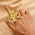 Exaggerated golden starfish open ring in stainless steel with textured relief design - Dotted Starfish (10787)