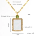 Detail view of 18K gold plated stainless steel necklace with emerald zircon and shell - May Emerald Zircon Style (ZN703G-05)