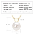 S925 sterling silver necklace with 7-8mm round freshwater pearl pendant for women - Small Dot / K Yellow Gold