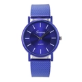 Detailed close-up of blue quartz watch with sunray dial and Milanese mesh band - Blue